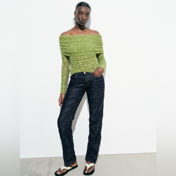ZARA Off-Shoulder Pistachio Lace Top — Semi Sheer, Ruched, (Sz M, Fits S) - Picture 5 of 10
